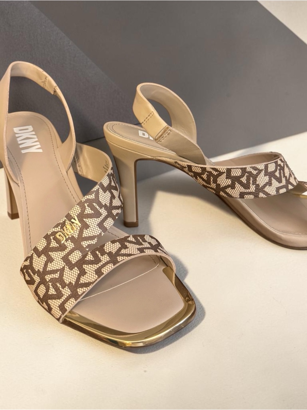 DKNY Beige Monogram Slingback Heels with Gold Trim